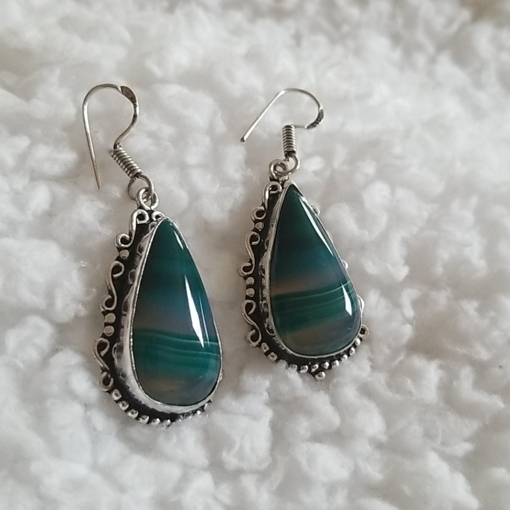 CRYSTAL GODDESS Agate Gemstone Silver Earrings Crystal Vintage Style Retro